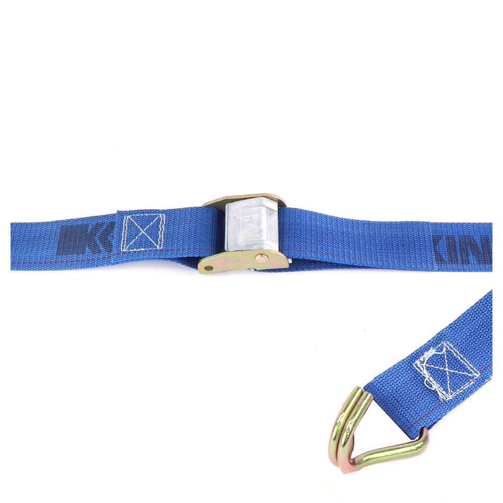 Kinedyne 2" by 20' Narrow Wire Hook Logistic Cam Buckle Strap showing blue 4900E webbing and Kinedyne fittings
