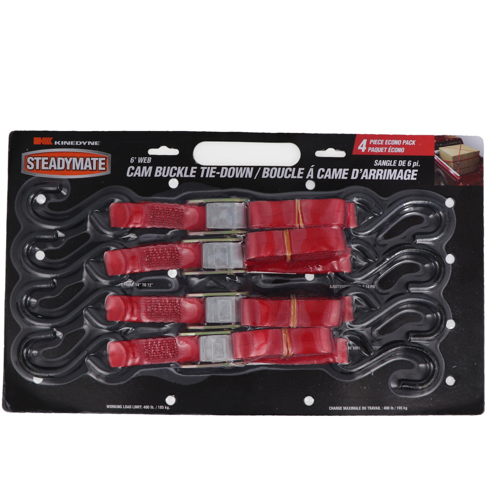 Kinedyne Package of 4 1" by 6' S Hook Cam Buckle Utility Straps by Kinedyne, light-duty polyester webbing with vinyl-coated S hooks