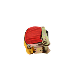 Kinedyne 2" by 27' Flat Hook Ratchet Strap w/ StrapPak showing ratchet, flat hook, and mesh StrapPak by Kinedyne