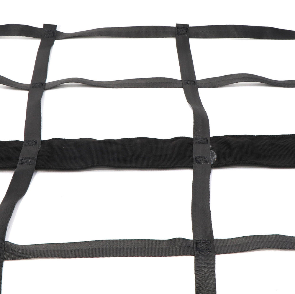 Kinedyne Adjustable 6-Point Cargo Pick-Up Truck Net by Kinedyne showing black 1010P webbing, cam buckles and wire hooks