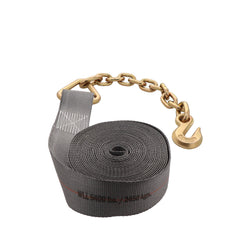 Kinedyne 3" by 30' Rhino MAX 18" Chain Anchor Winch Strap showing Rhino MAX webbing and Grade 43 chain anchor