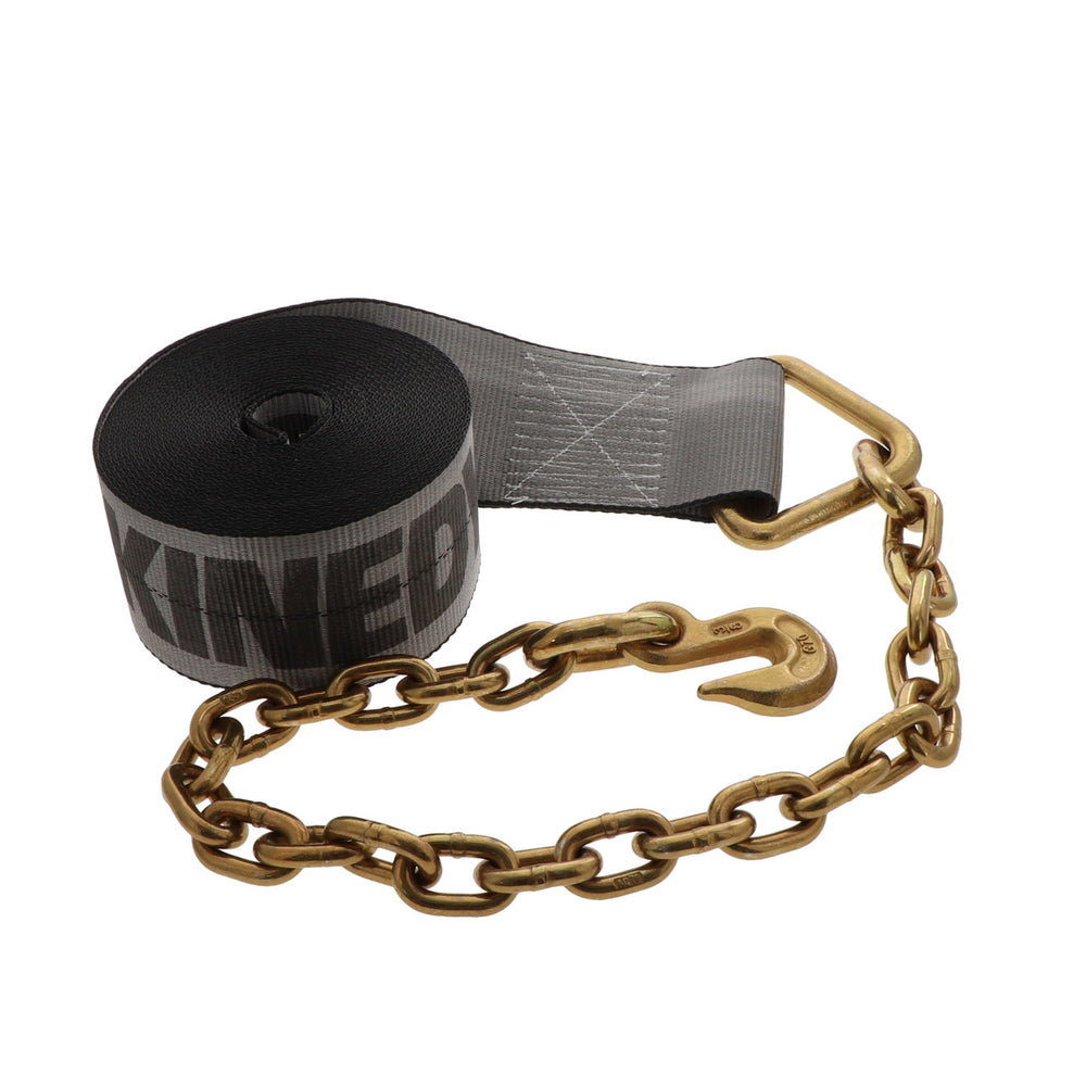 Kinedyne 4" by 30' Rhino MAX Chain Anchor Winch Strap showing Rhino MAX webbing and chain anchor for heavy cargo securement