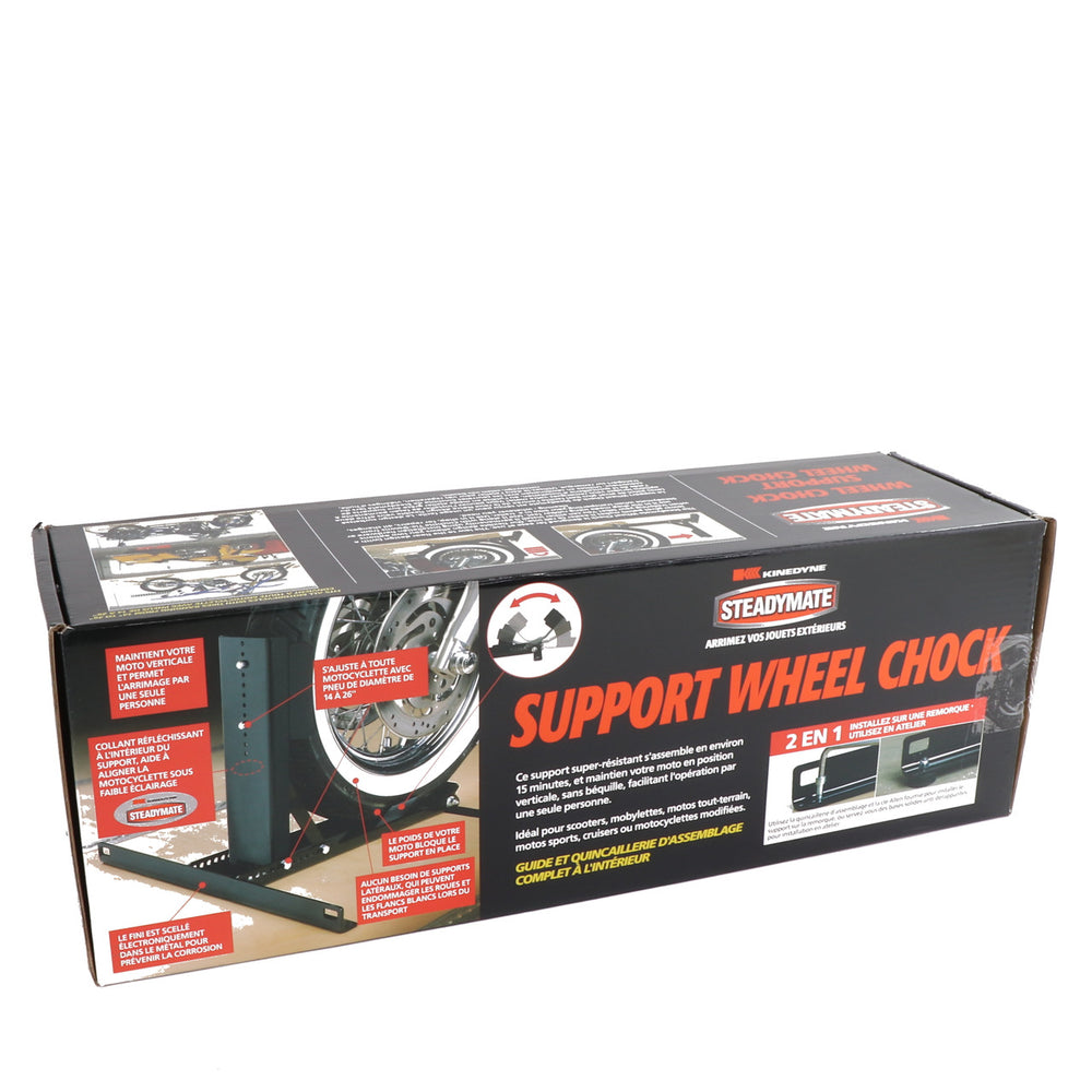 Kinedyne Steadymate Wheel Chock by Kinedyne, heavy-duty motorcycle wheel chock for transport, workshop, and trailer mounting