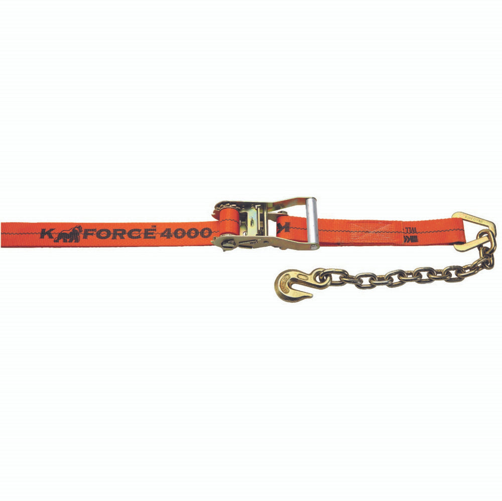Kinedyne 2" by 30' K-FORCE Chain Anchor Ratchet Strap by Kinedyne showing webbing, ratchet, and chain anchor fittings