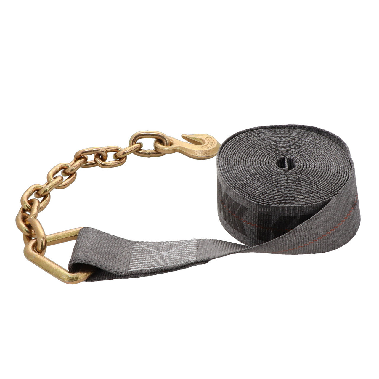 Kinedyne 3" by 30' Rhino MAX 18" Chain Anchor Winch Strap showing Rhino MAX webbing and Grade 43 chain anchor