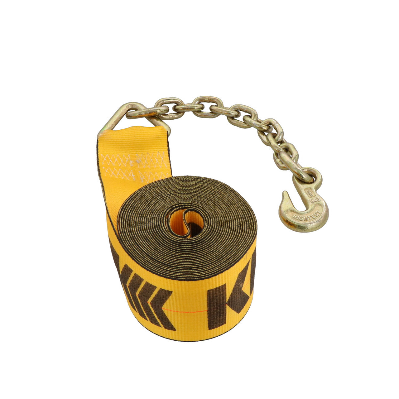 Kinedyne 4" by 27' Chain Anchor Winch Strap showing polyester webbing and Kinedyne chain anchor for industrial cargo control