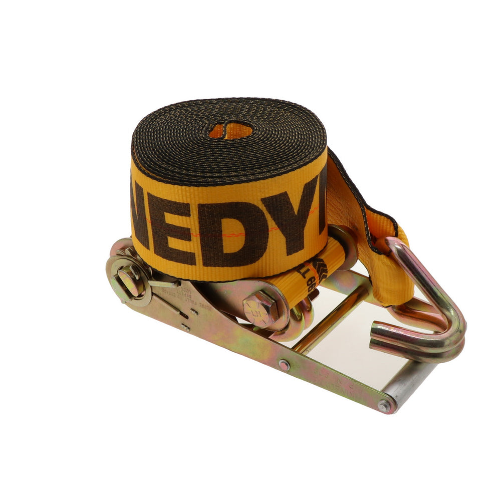 Kinedyne 4" by 30' Wire Hook Ratchet Strap from Kinedyne showing 4-inch webbing, long-handle ratchet and narrow wire hooks