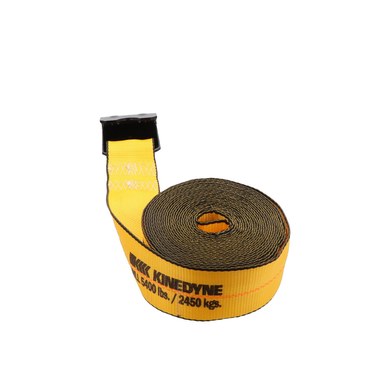 Kinedyne 3" by 30' Flat Hook Winch Strap showing 3-inch polyester webbing and Kinedyne flat hook end fitting