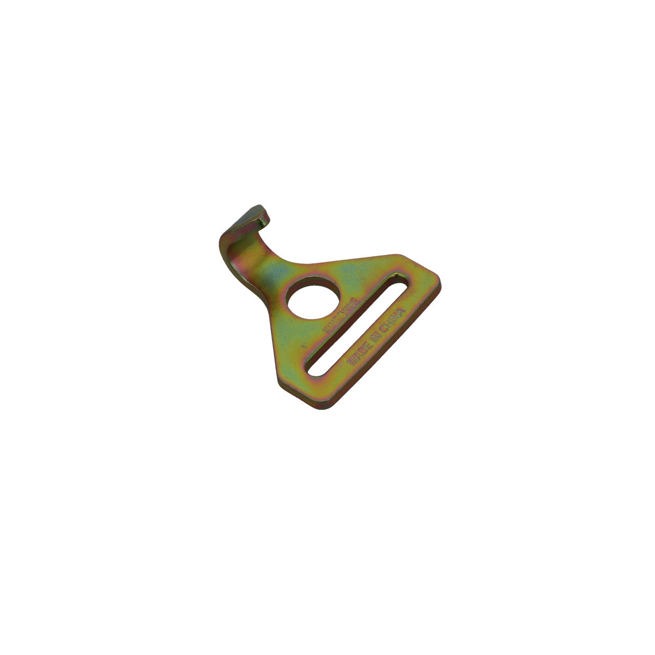 Kinedyne 2" Plate Trailer Hook showing heat-treated zinc-plated carbon steel construction and webbing slot for 2-inch straps