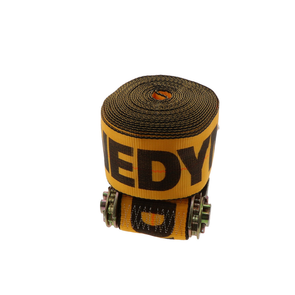 Kinedyne 4" by 30' Flat Hook Ratchet Strap by Kinedyne showing 4-inch polyester webbing, flat hook and long-handle ratchet