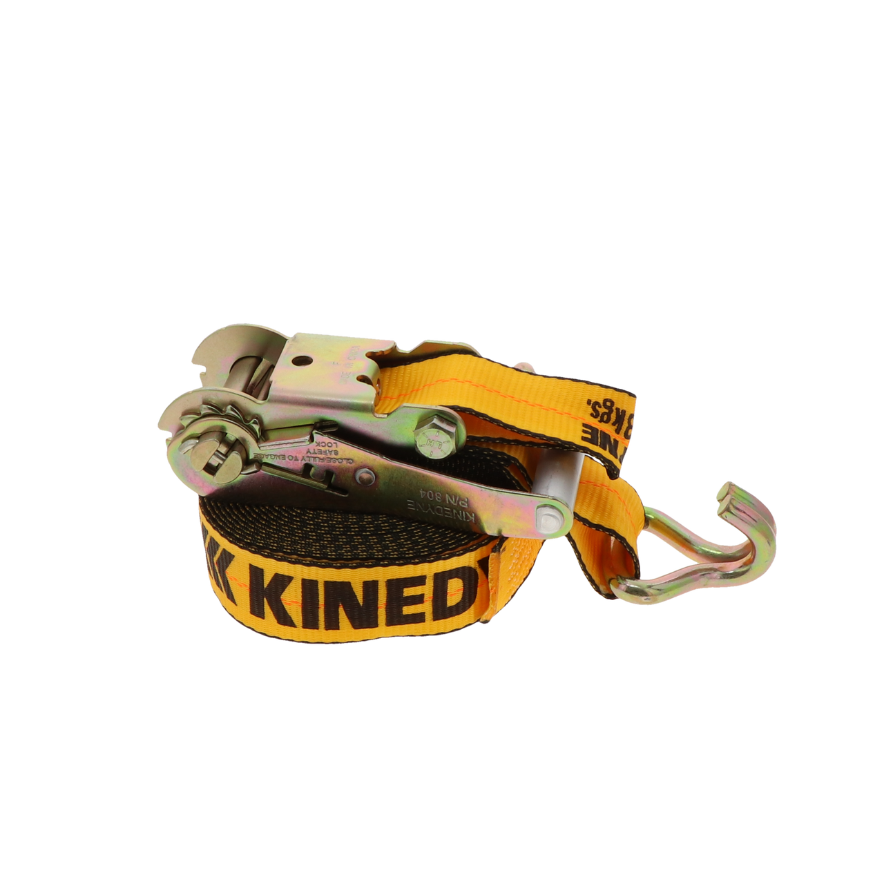 Kinedyne 2" by 30' Wire Hook Ratchet Strap by Kinedyne showing polyester webbing, wide-handle ratchet and narrow wire hooks