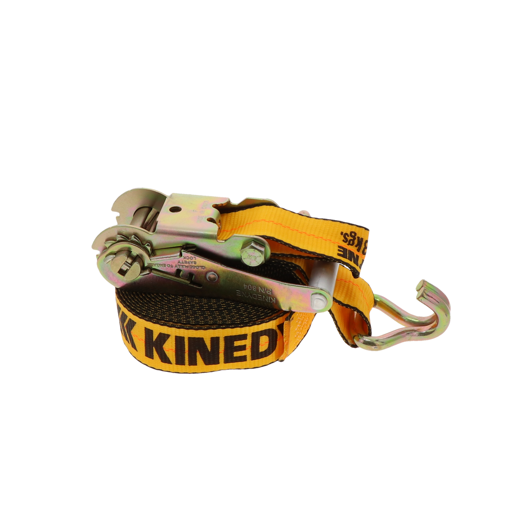 Kinedyne 2" by 30' Wire Hook Ratchet Strap by Kinedyne showing polyester webbing, wide-handle ratchet and narrow wire hooks