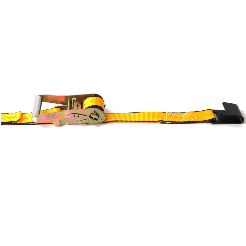 Kinedyne 2" by 27' Flat Hook Ratchet Strap showing gold 2084F webbing, Kinedyne 804 ratchet and 1015 flat hook by Kinedyne