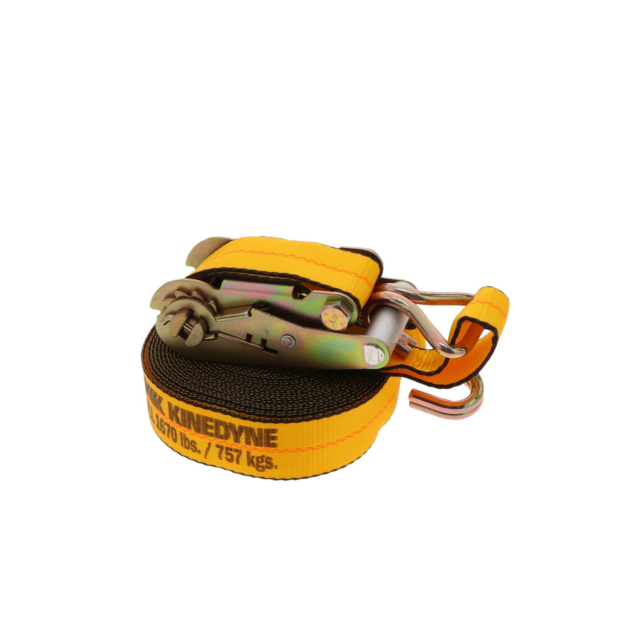 Kinedyne 2" by 30' Narrow Wire Hook Ratchet Strap by Kinedyne showing ratchet assembly, polyester webbing, and narrow wire hooks