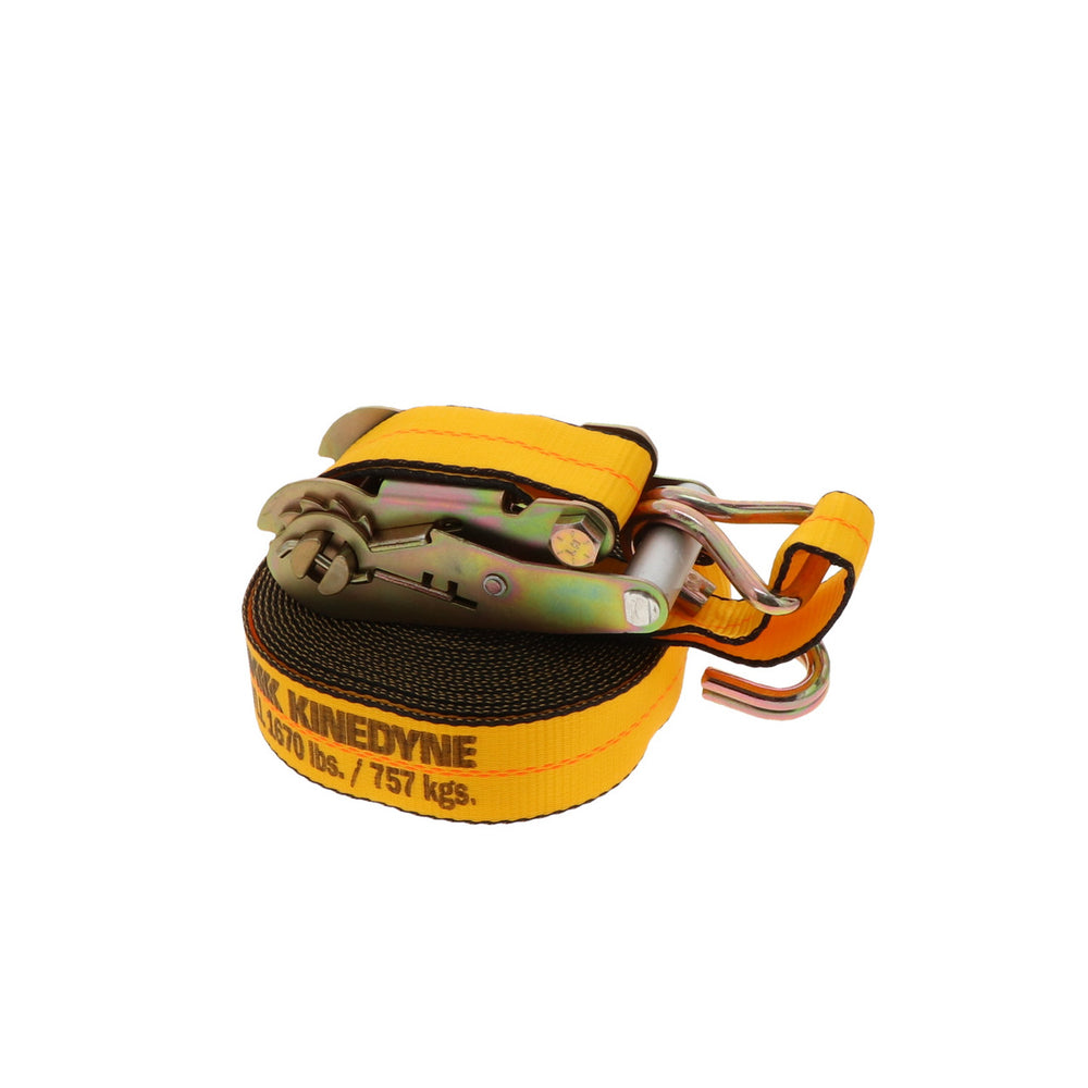 Kinedyne 2" by 30' Narrow Wire Hook Ratchet Strap by Kinedyne showing ratchet assembly, polyester webbing, and narrow wire hooks