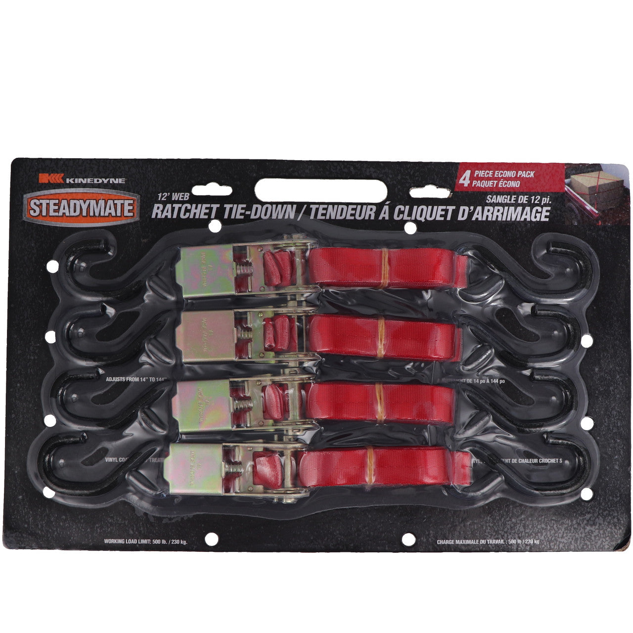 Kinedyne Package of 4 1" by 12' S Hook Ratchet Utility Straps by Kinedyne, set of light-duty ratchet tie-downs for cargo control
