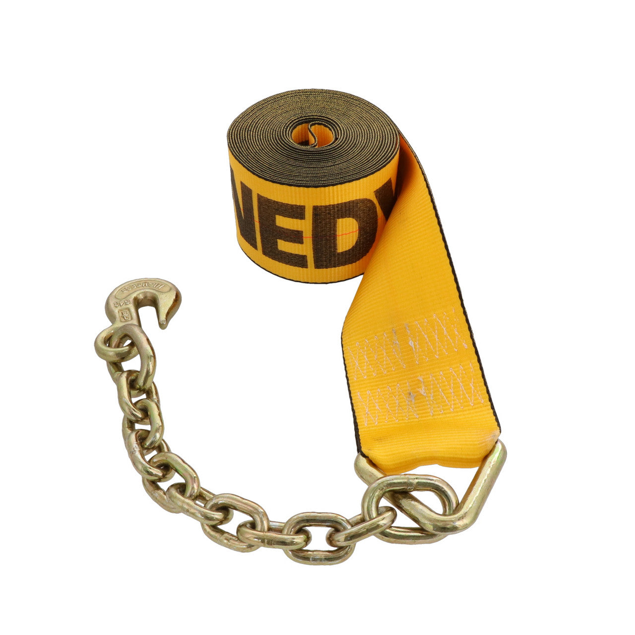 Kinedyne 4" by 27' Chain Anchor Winch Strap showing polyester webbing and Kinedyne chain anchor for industrial cargo control