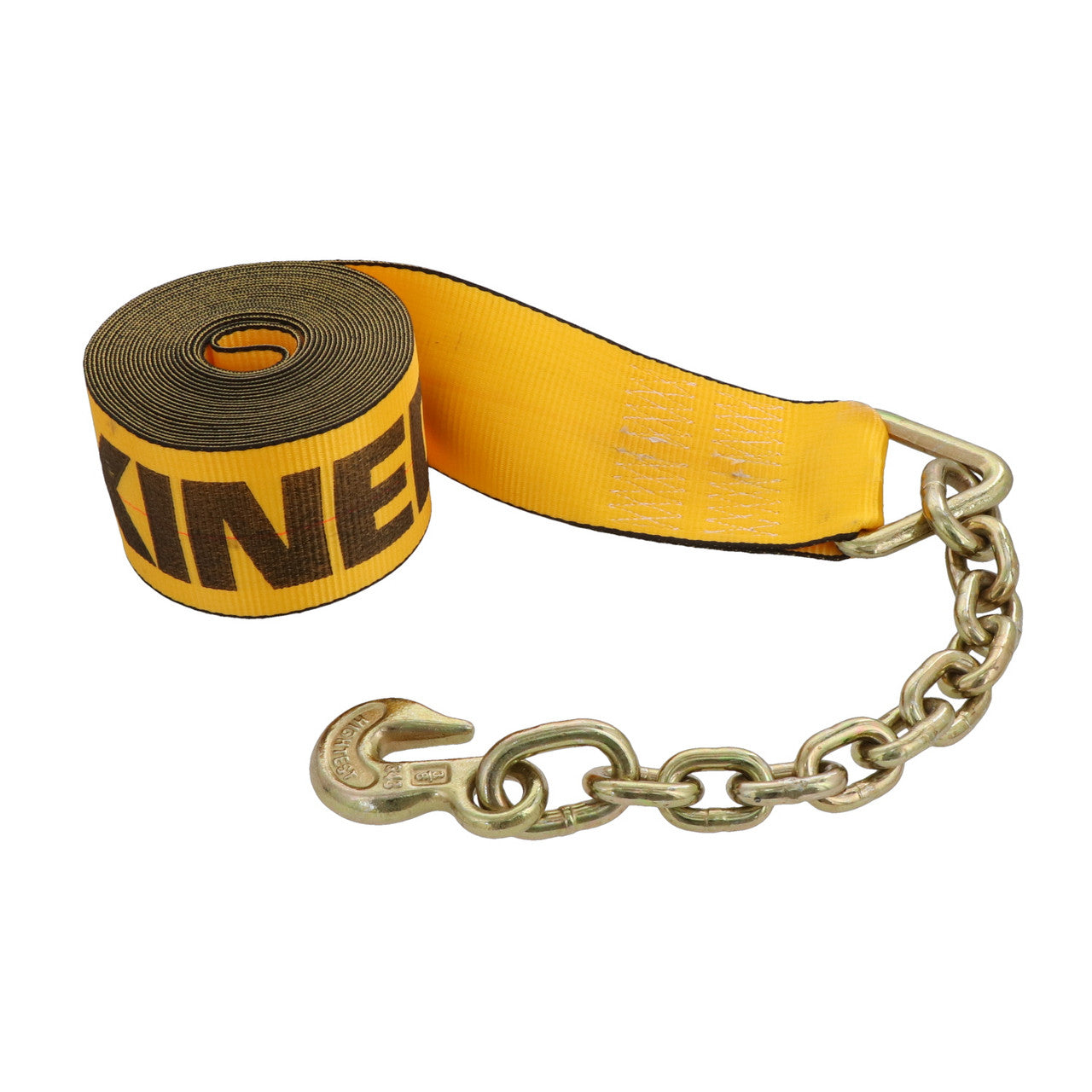 Kinedyne 4" by 27' Chain Anchor Winch Strap showing polyester webbing and Kinedyne chain anchor for industrial cargo control