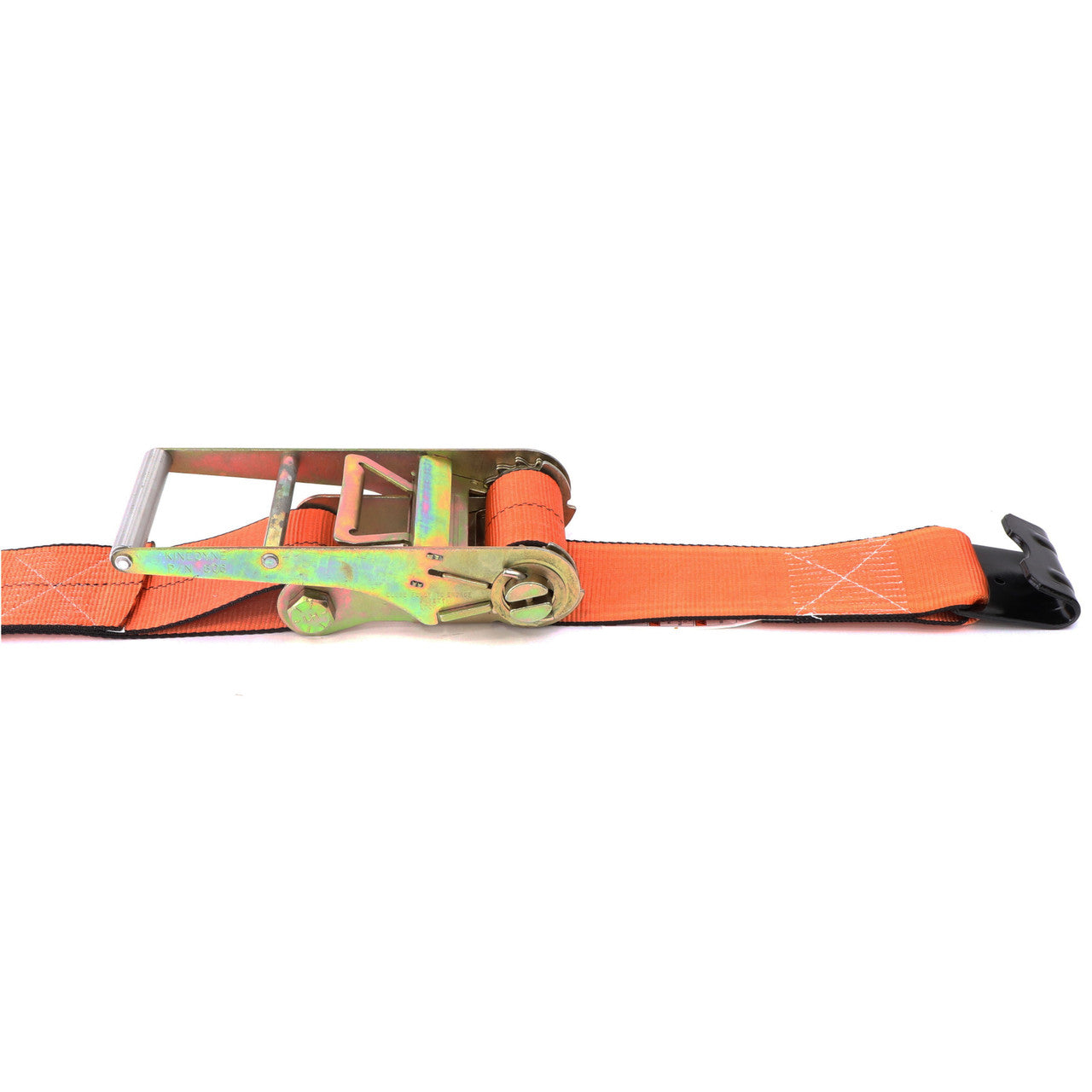 Kinedyne 4" by 27' K-FORCE Flat Hook Ratchet Strap showing 4-inch webbing, flat hook end fitting, and long-handle ratchet