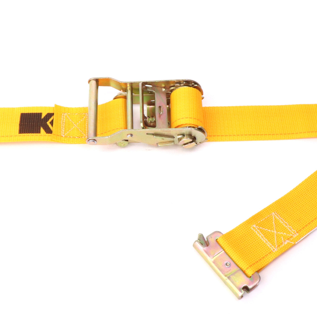 Kinedyne 2" by 12' Spring Loaded Logistic Ratchet Strap by Kinedyne showing webbing, ratchet, and spring loaded E/A fittings