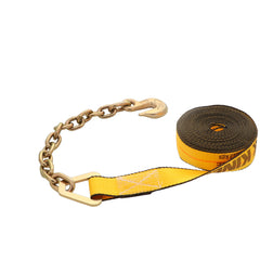Kinedyne 2" by 30' Chain Anchor Winch Strap showing webbing and Kinedyne 3705-2 chain anchor fittings