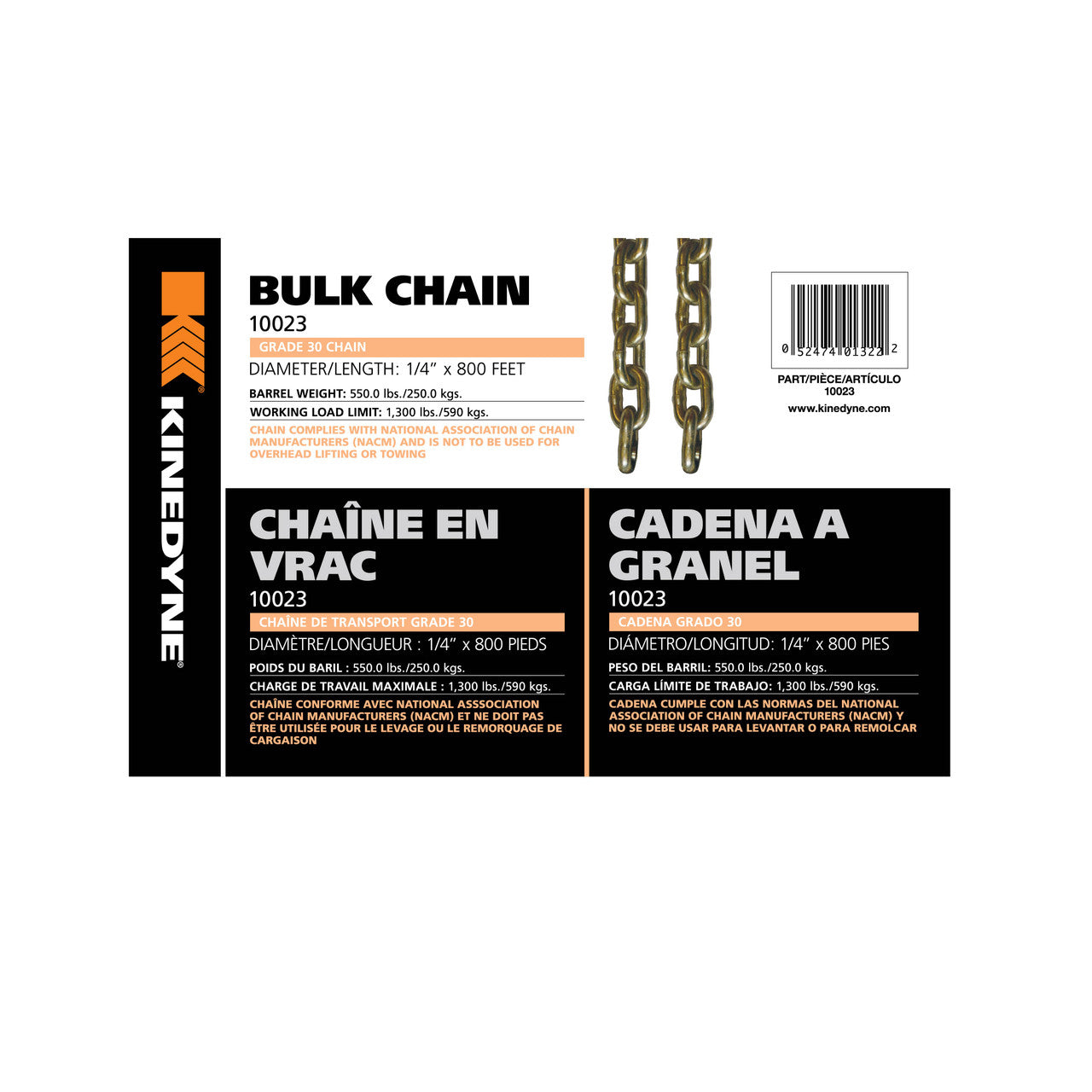 Kinedyne 1/4" by 800' Grade 30 Bulk Chain - 1 Per Barrel, Kinedyne, bulk packaged chain for commercial tie-downs