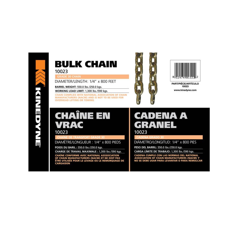 Kinedyne 1/4" by 800' Grade 30 Bulk Chain - 1 Per Barrel, Kinedyne, bulk packaged chain for commercial tie-downs