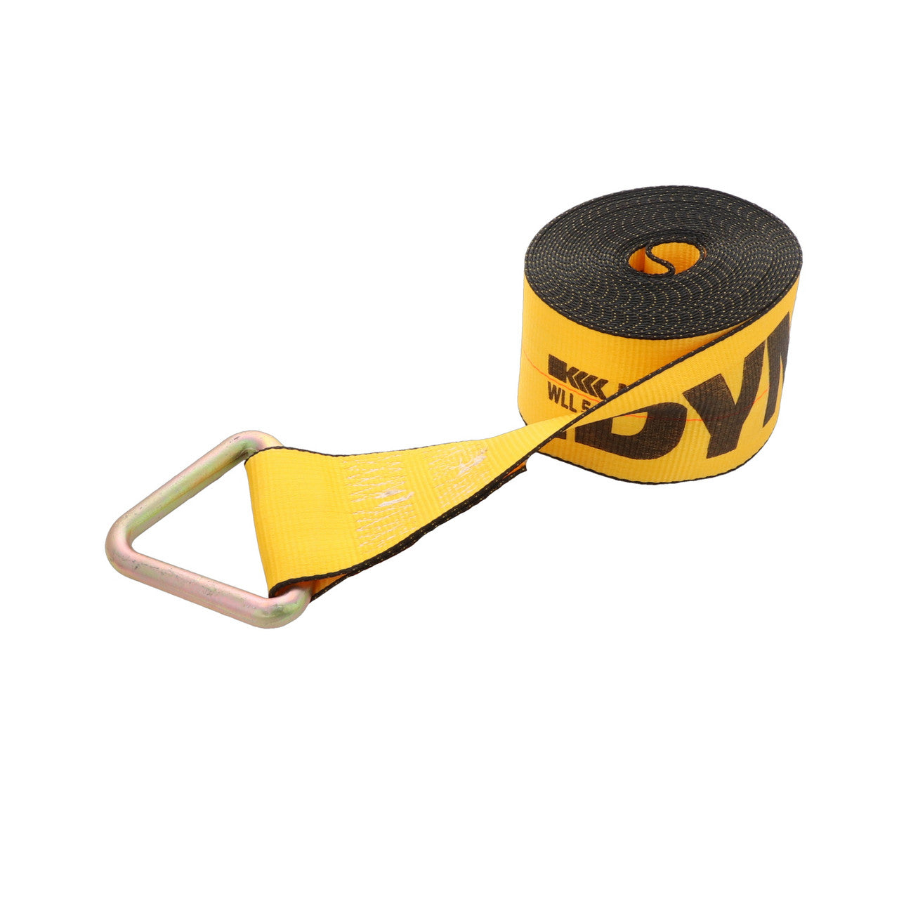 Kinedyne 4" by 27' Delta Ring Winch Strap showing 4-inch polyester webbing and Kinedyne 1026 Delta Ring end fitting by Kinedyne