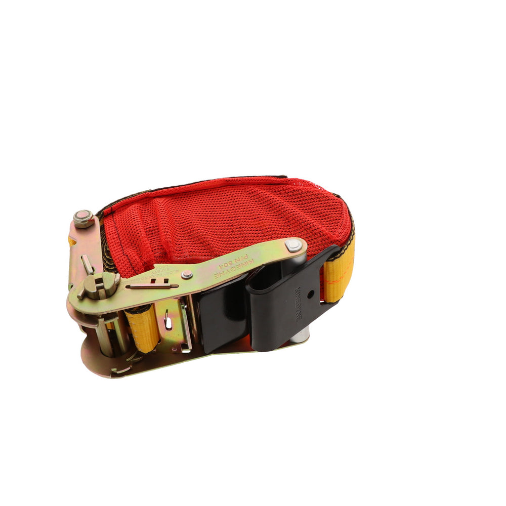 Kinedyne 2" by 30' Flat Hook Ratchet Strap w/ StrapPak product image showing strap, ratchet and mesh StrapPak by Kinedyne