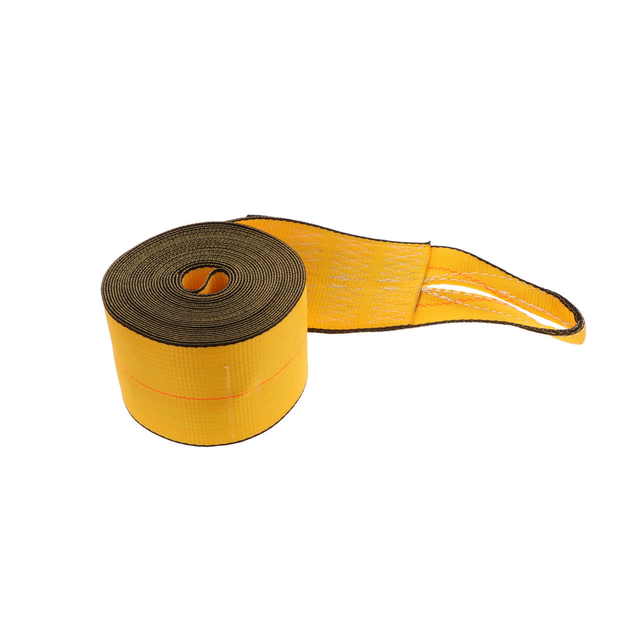 Kinedyne 4 inch by 30 foot Sewn Loop Winch Strap showing gold with black edge polyester webbing and sewn loop end fitting