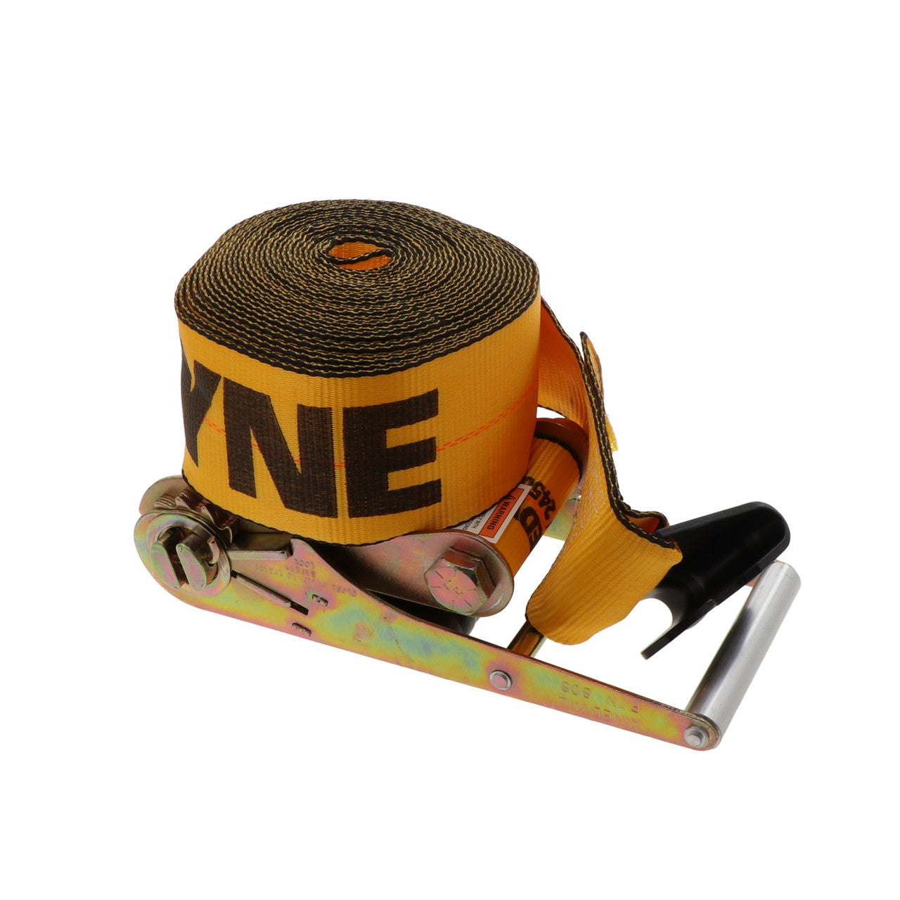 Kinedyne 4" by 30' Flat Hook Ratchet Strap by Kinedyne showing 4-inch polyester webbing, flat hook and long-handle ratchet