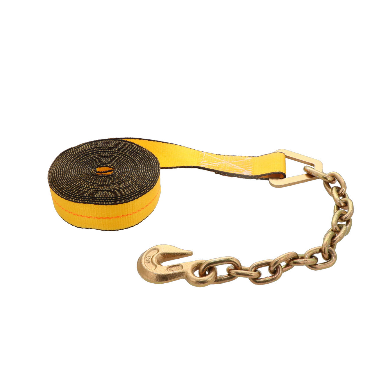 Kinedyne 2" by 30' Chain Anchor Winch Strap showing webbing and Kinedyne 3705-2 chain anchor fittings