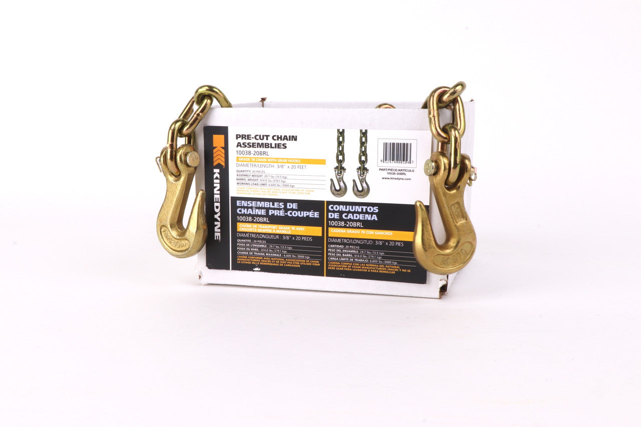 Kinedyne 3/8" by 20' Grade 70 Grab Hook Chain Assembly product image showing chain and clevis grab hooks from Kinedyne