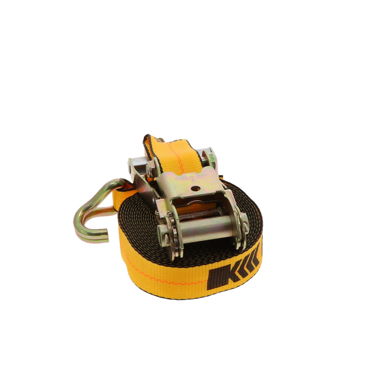 Kinedyne 2" by 27' Wire Hook Ratchet Strap by Kinedyne showing ratchet, webbing and StrapPak storage bag