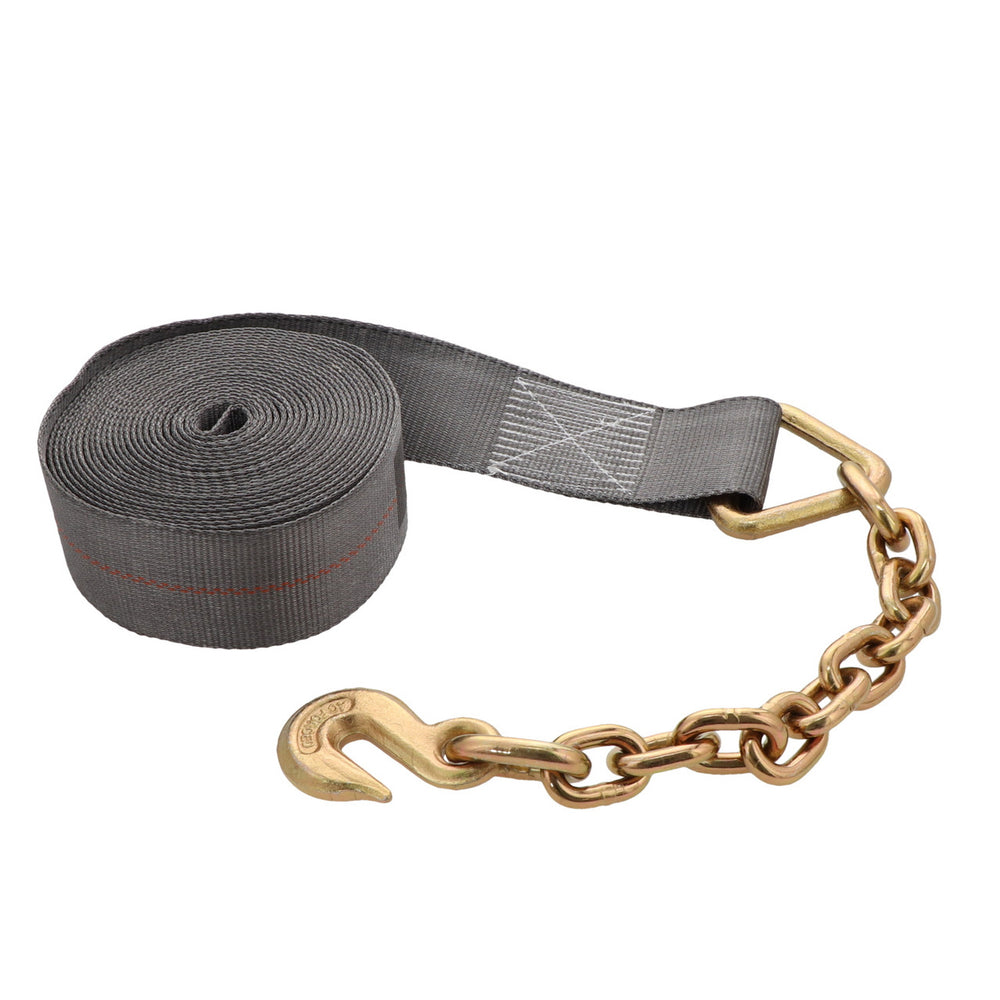 Kinedyne 3" by 30' Rhino MAX 18" Chain Anchor Winch Strap showing Rhino MAX webbing and Grade 43 chain anchor