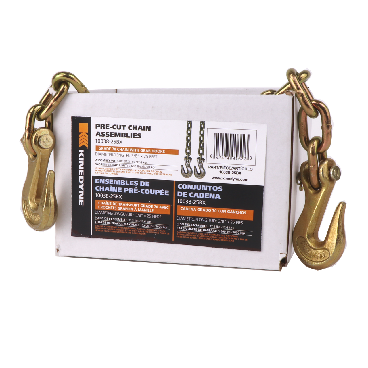 Kinedyne 3/8" by 25' Grade 70 Grab Hook Chain Assembly product by Kinedyne, packaged in a reusable box, for industrial tie-down use