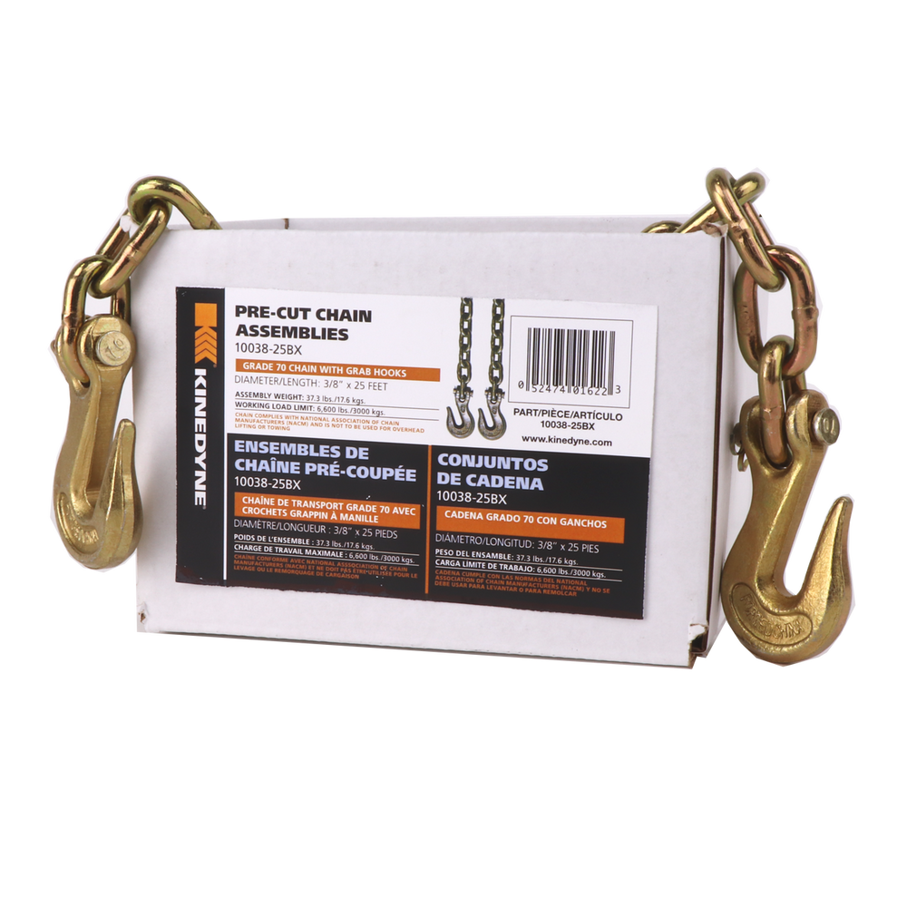 Kinedyne 3/8" by 25' Grade 70 Grab Hook Chain Assembly product by Kinedyne, packaged in a reusable box, for industrial tie-down use