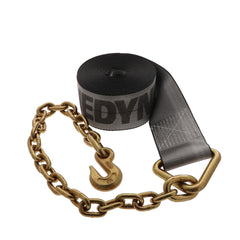 Kinedyne 4" by 30' Rhino MAX Chain Anchor Winch Strap showing Rhino MAX webbing and chain anchor for heavy cargo securement