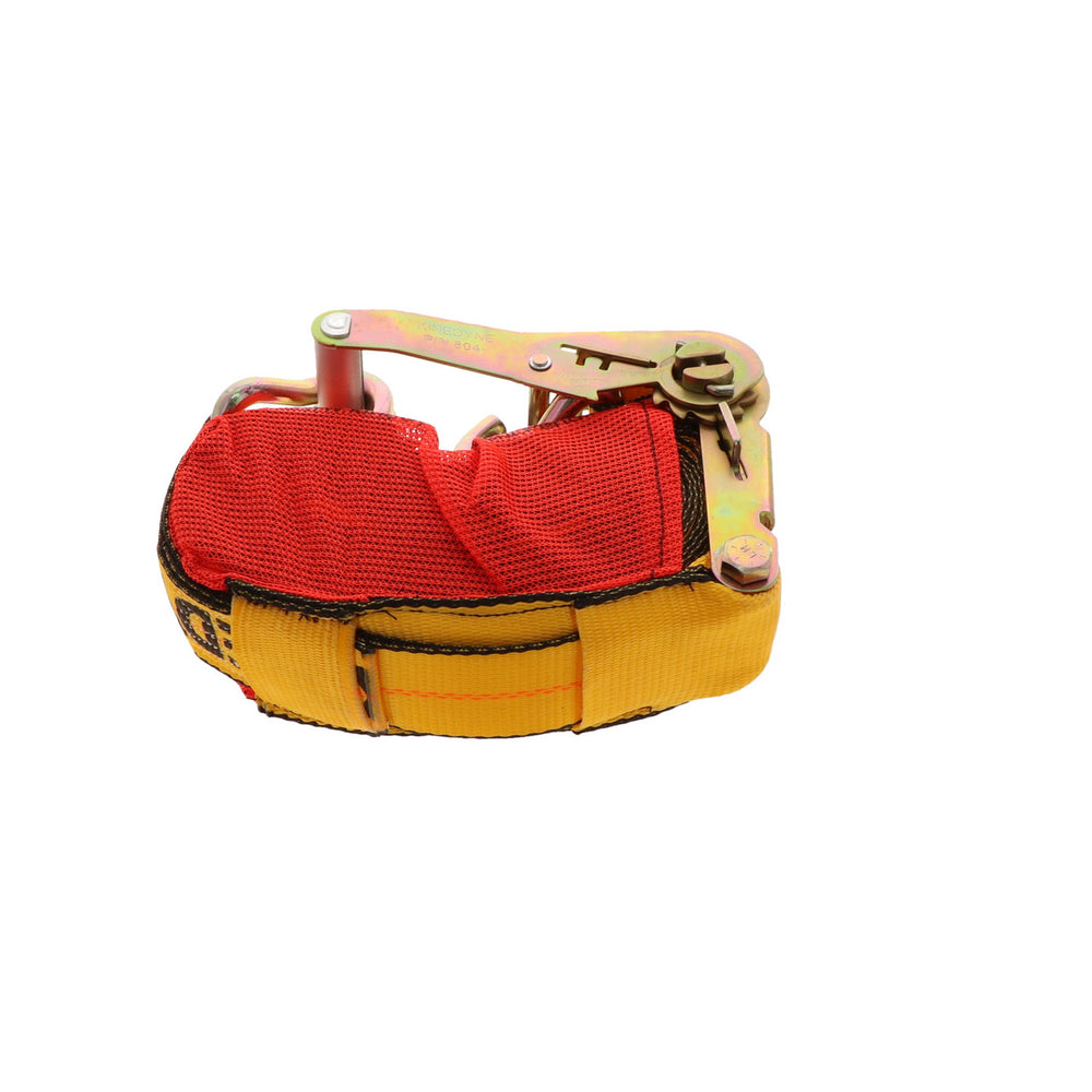Kinedyne 2" by 30' Wire Hook Ratchet Strap w/ StrapPakâ€š product showing ratchet, hook, webbing, and StrapPak by Kinedyne