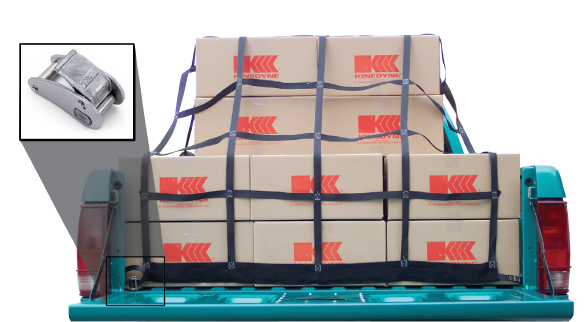 Kinedyne Adjustable 6-Point Cargo Pick-Up Truck Net by Kinedyne showing black 1010P webbing, cam buckles and wire hooks