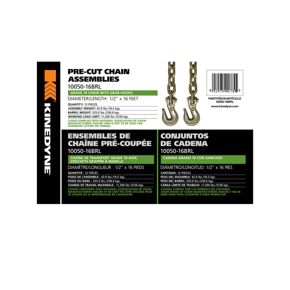 Kinedyne 1/2" by 16' Grade 70 Grab Hook Chain Assembly - Kinedyne branded chain with clevis grab hooks