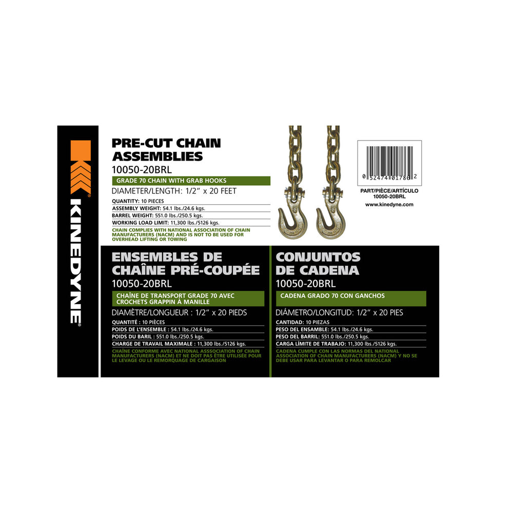 Kinedyne 1/2" by 20' Grade 70 Grab Hook Chain Assembly - 10 Per Barrel industrial-grade chain by Kinedyne