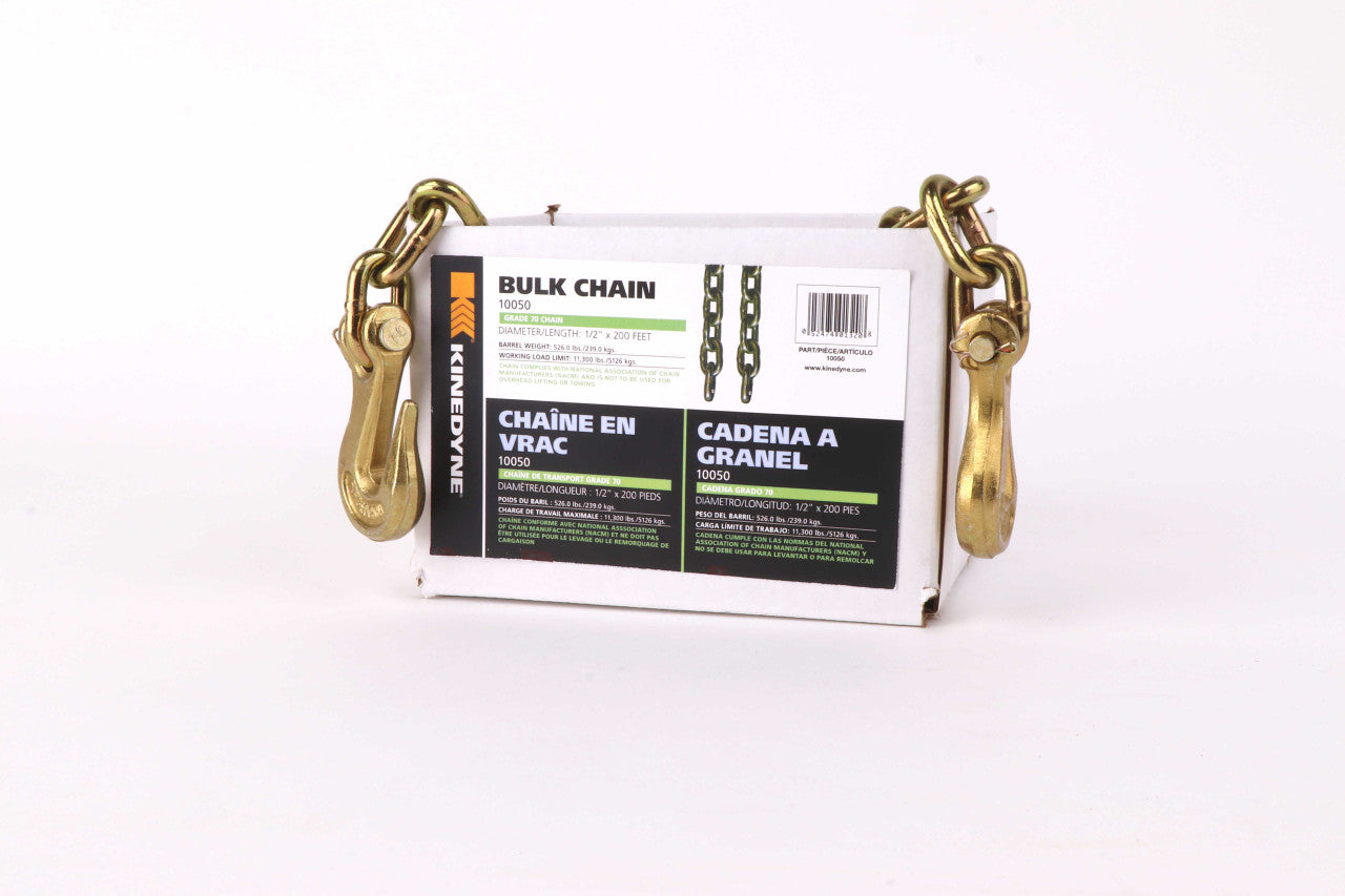 Kinedyne 1/2 inch by 200 foot Grade 70 bulk chain packaged in a barrel for transport and securement by Kinedyne