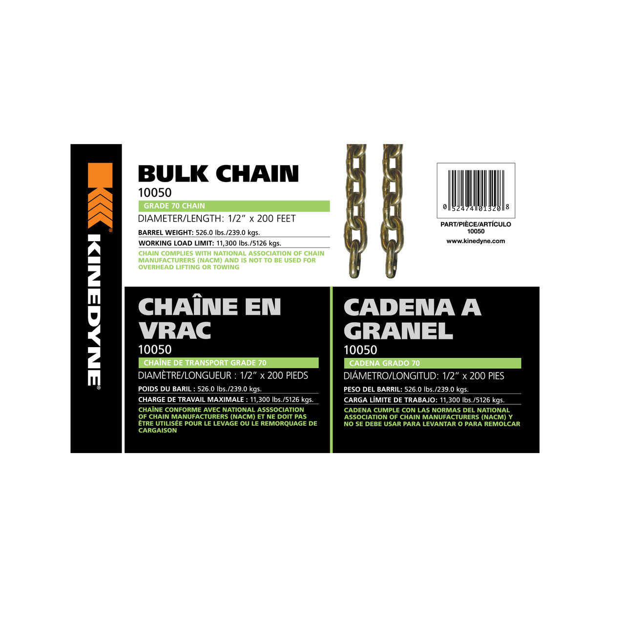 Kinedyne 1/2 inch by 200 foot Grade 70 bulk chain packaged in a barrel for transport and securement by Kinedyne