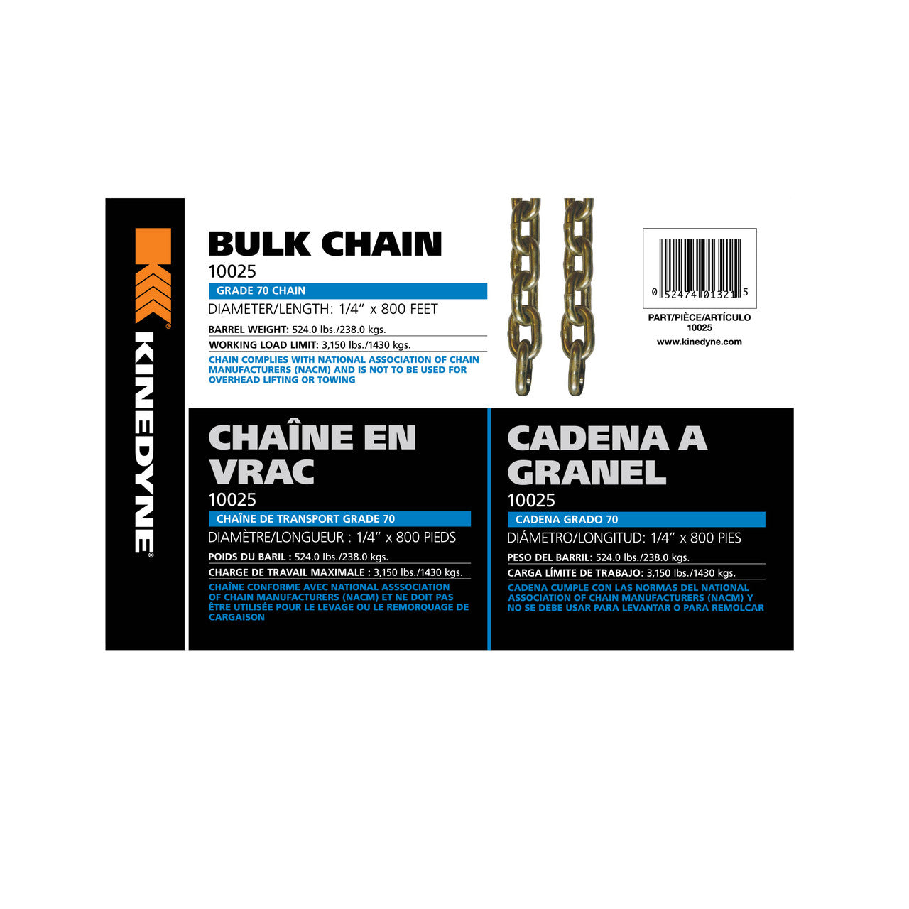Kinedyne 1/4" by 800' Grade 70 Bulk Chain - 1 Per Barrel, Kinedyne heavy-duty Grade 70 cargo chain for securement
