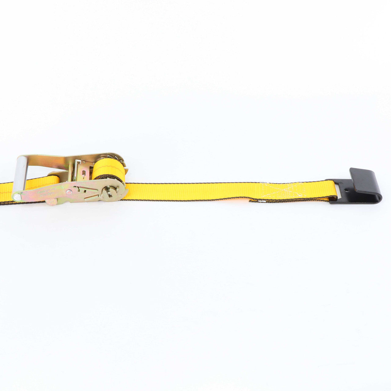 Kinedyne 2" by 27' Flat Hook Ratchet Strap showing gold 2084F webbing, Kinedyne 804 ratchet and 1015 flat hook by Kinedyne