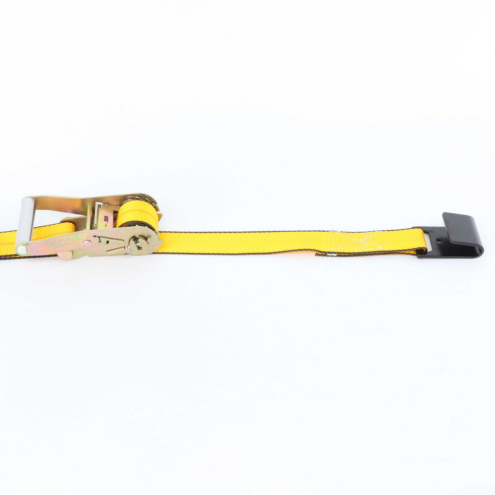 Kinedyne 2" by 27' Flat Hook Ratchet Strap showing gold 2084F webbing, Kinedyne 804 ratchet and 1015 flat hook by Kinedyne