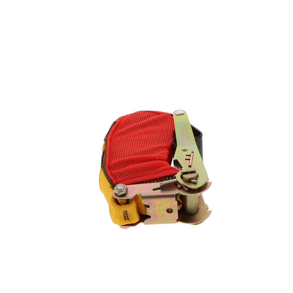 Kinedyne 2" by 27' Flat Hook Ratchet Strap w/ StrapPak showing ratchet, flat hook, and mesh StrapPak by Kinedyne