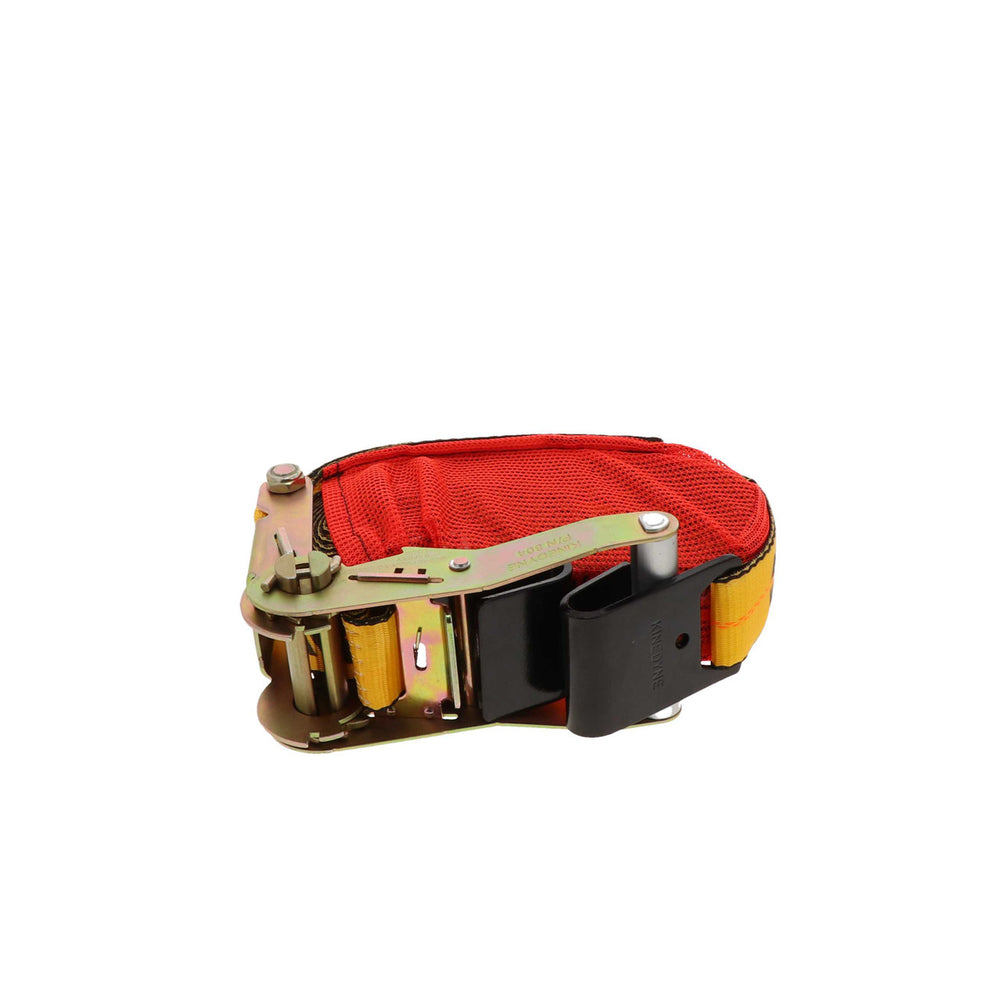 Kinedyne 2" by 27' Flat Hook Ratchet Strap w/ StrapPak showing ratchet, flat hook, and mesh StrapPak by Kinedyne