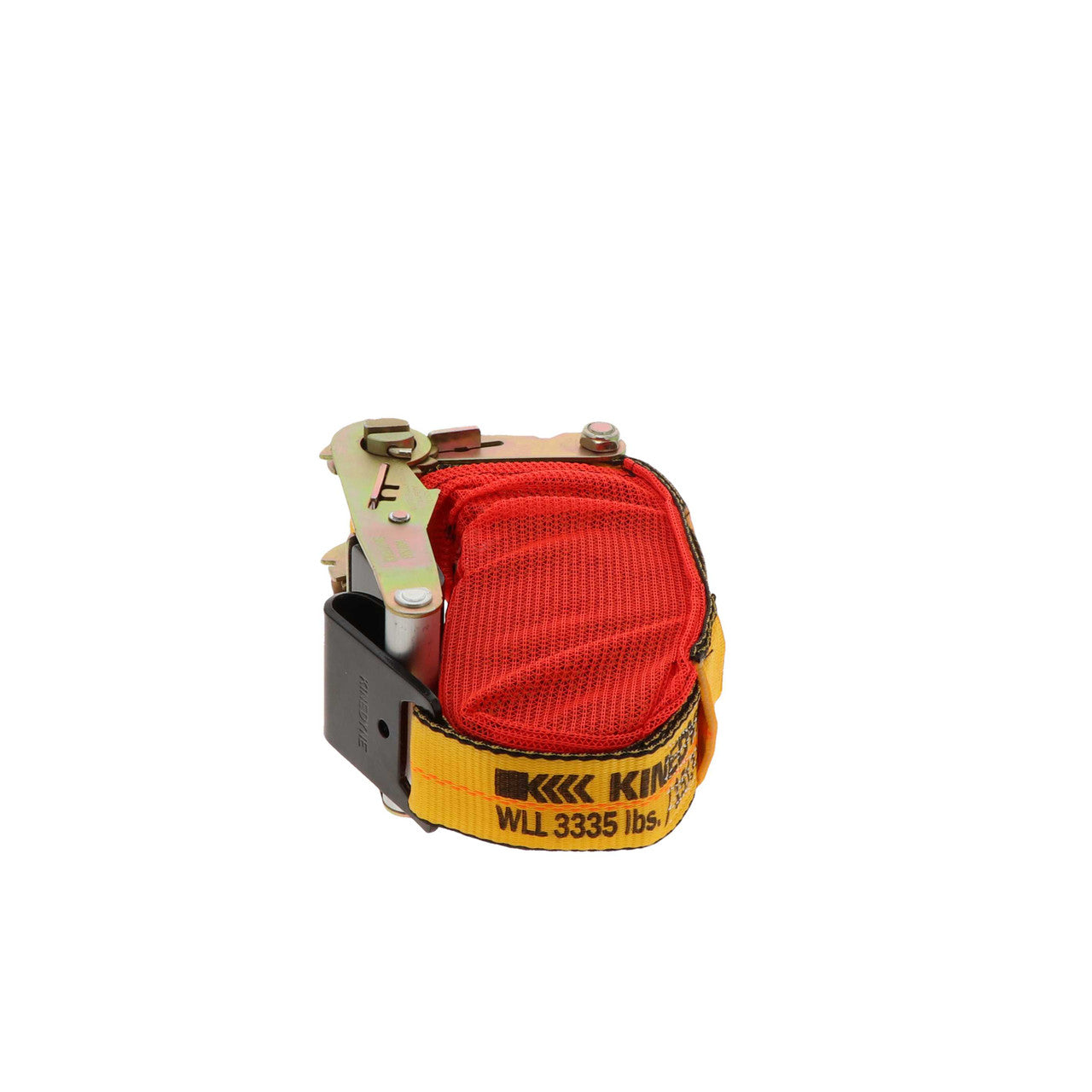 Kinedyne 2" by 27' Flat Hook Ratchet Strap w/ StrapPak showing ratchet, flat hook, and mesh StrapPak by Kinedyne